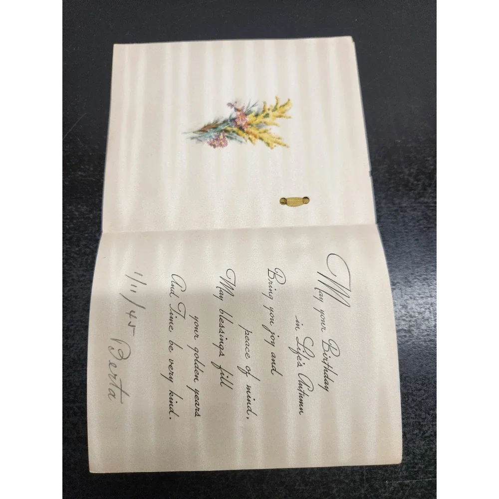 Vintage 1945 Birthday Card Autumn Leaves Gold Foil Ribbon Ephemera 1940s Berta